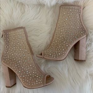 Nude mesh and diamond booties